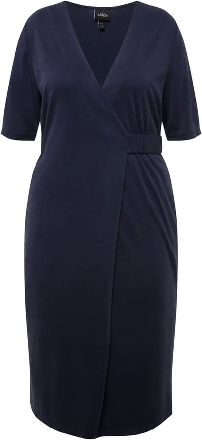 Ulla Popken - Dames - Midi-jurk wikkellook V-hals korte mouwen zakken - Marine - Maat 54+