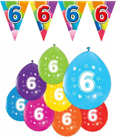 Feestpakket 6 jaar / 8 ballonnen en 1 vlaggenlijn 10 meter - Versiering Slinger Feestdecoratie Decoratie Verjaardag Jubileum Ballon Feest