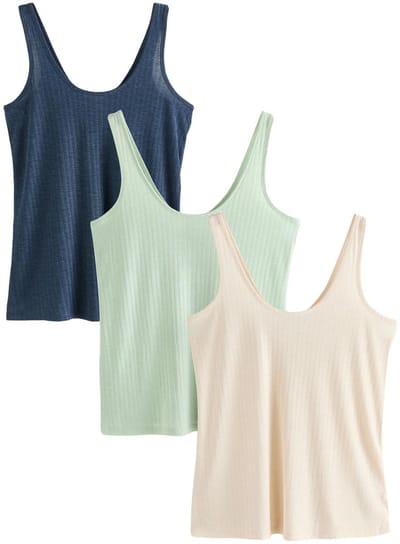 Next - Dames - Verpakking van 3 geribbelde nonchalante hemdjes met ruime ronde hals - Blauw