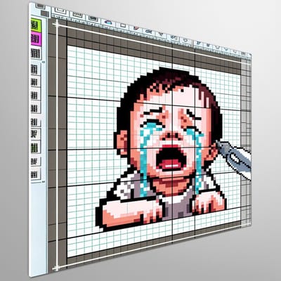 Pixel art huilend kind schilderij | Verdrietig kind in digitale tranen; een emotioneel pixelkunstwerk | Kunst - 60x60 centimeter op Forex | Foto op Forex