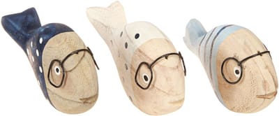 Decoratieve vissen met glazen naturel wit blauw hout 11–13cm 4 st, 4 S