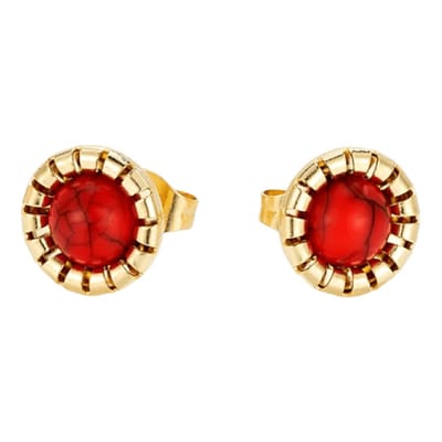 Goudkleurige ronde oorbellen - Rode gemarmerde steen -boho design-9mm