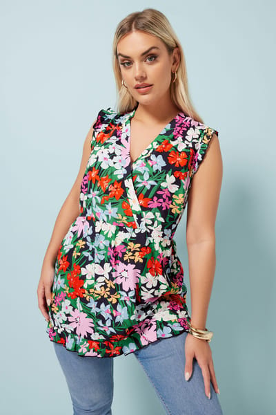 Yours Wikkeltop Zonder Mouwen Met Bloemenmotief In Zwart/Rood Size 42