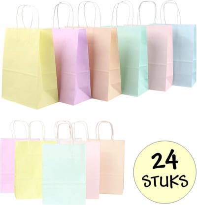 24x Papieren Uitdeeltasjes - 16x8x22cm - Stevig Papier - Traktatie Zakjes - Papieren Tasjes - Cadeau Zakjes - Uitdeelzakjes - 6 Verschillende Pastel Kleuren - Kraftpapier - 24 Stuks