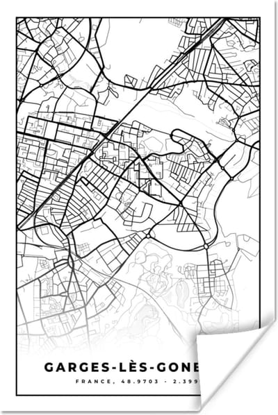 Poster Stadskaart - Plattegrond - Kaart - Garges-lès-Gonesse - Frankrijk - Zwart wit - 120x180 cm XXL