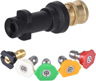 Hoge Druk Reiniger Adapter - 1/4 Snelle Koppeling - Vrouwelijke Aansluitadapter voor Snelle Koppeling - Geschikt voor K2, K3, K4, K5, K6, K7 - Inclusief 5 Drukreinigers, Spuitmonden (Zwart)