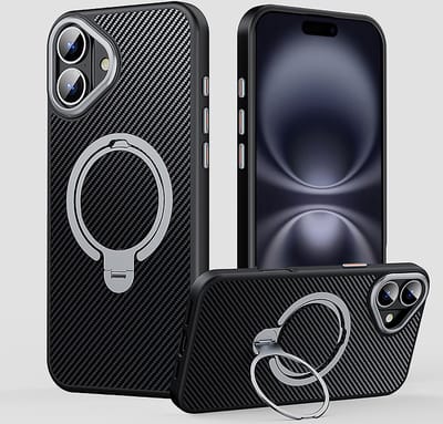 Hoesje geschikt voor iPhone 16 Plus Magsafe met Carbon uitvoering - 360° Draaibare Magnetische Standaard - Back Cover Kickstand Ring – Zwart