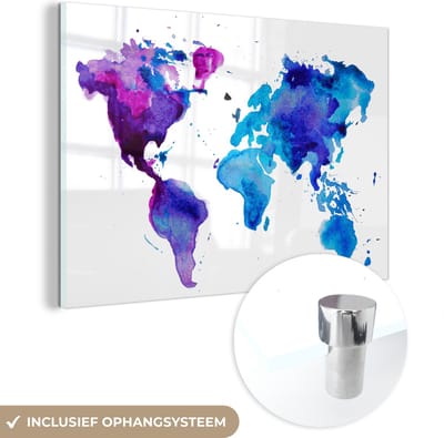 ® Glasschilderij 180x120 cm - Schilderij acrylglas - Wereldkaart - Waterverf - Paars - Kinderen - Jongens - Meisjes - Foto op glas - Muurdecoratie woonkamer - Wanddecoratie slaapkamer - Schilderijen