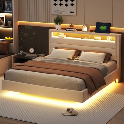 Wishdor – Gestoffeerd bed – USB & LED – Draaibaar hoofdbord – Linnen beige – 160x200 cm