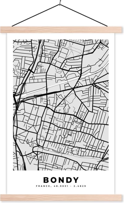 Posterhanger incl. Poster 40x60 cm - Schoolplaat - Plattegrond - Bondy - Stadskaart - Kaart - Frankrijk - Textielposter - Blanke latten - Stadskaart