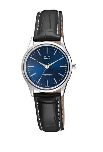 Q&Q C11A-014PY - Horloge - Analoog - Vrouwen - Dames - Leren band - Rond - Metaal - Blauw- Zilverkleurig - 3 ATM