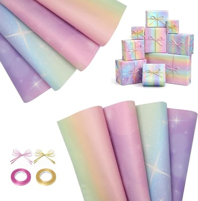 8 Stuks Regenboog en Sterren Cadeaupapierset voor Verjaardag, Kleurverloop en Cadeaulint