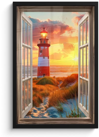 Poster in lijst - Fotolijst 40x60 cm - Posters - Doorkijk - Raam - Vuurtoren - Zonsondergang - Strand - Posterlijst zwart - Decoratie - Wanddecoratie woonkamer - Muurdecoratie slaapkamer