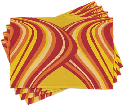 ABAKUHAUS Retro-placematten: golvende verticale strepen, gebogen abstracte grafische illustratiekunst, gemaakt van kleurvaste stoffen, voor eetkamer en keuken, oranje, geel, rood