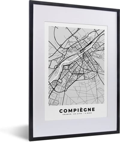 Fotolijst incl. Poster - Compiègne - Plattegrond - Frankrijk - Kaart - Stadskaart - 30x40 cm - Posterlijst