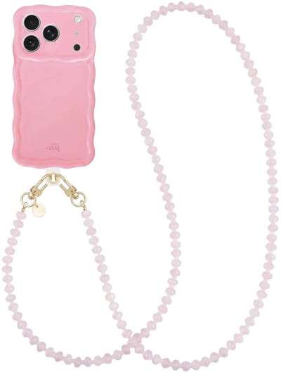 xoxo Wildhearts Glossy Wavy Case Bubble Blush - Dusty Pink (lang koord) - geschikt voor iPhone 17 Pro Max - hoesje met telefoonkoord - afneembaar koord - Kralenketting - lang telefoonkoord - hoesje met golven - Roze
