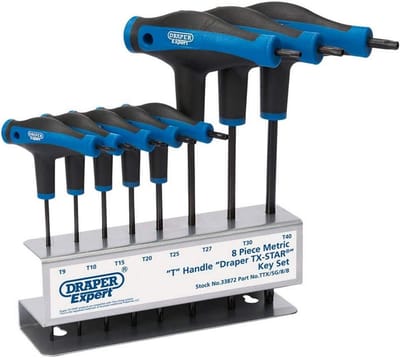 Draper 8-delig TX-STAR T-handgreep sleutelset met zachte grip en wandhouder