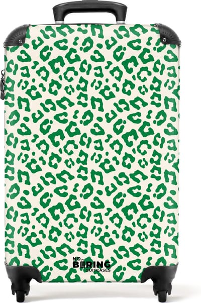 NoBoringSuitcases.com® - Handbagage koffer lichtgewicht - Reiskoffer trolley - Groen met witte panterprint - Rolkoffer met wieltjes - Past binnen 55x40x20 en 55x35x25