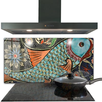 Tulup Achterwand Keuken - Mozaïekvis Vintage Keramiek Spatscherm Keuken - 100 x 50 cm - Groente Glazen Achterwand Keuken - Dieren Spatplaat Keuken - Kookplaatachterwanden - Kookplaat achterwand