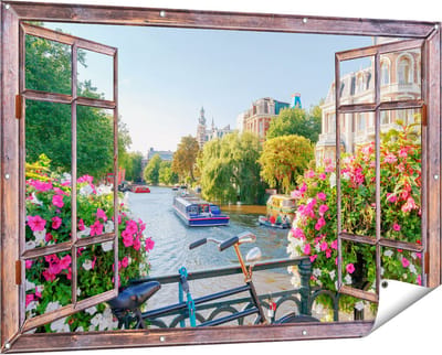 Gards Tuinposter Doorkijk Amsterdamse Kanaal met Bloemen - 150x100 cm - Tuindoek - Tuindecoratie - Wanddecoratie buiten - Tuinschilderij