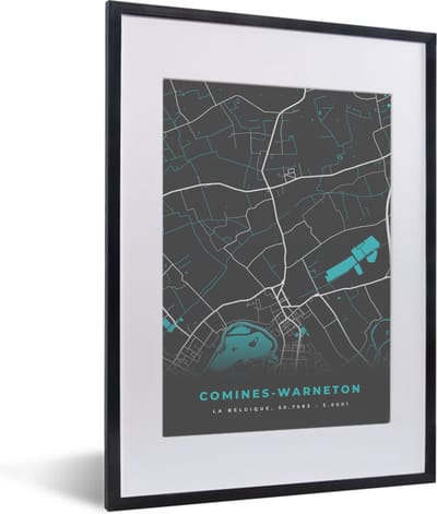 Fotolijst incl. Poster - Plattegrond – Comines Warneton – Blauw – Stadskaart - Kaart - 30x40 cm - Posterlijst