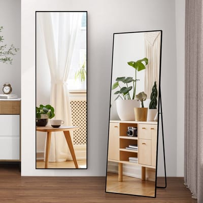 Rechthoekige staande spiegel van 177 x 77 cm met frame van aluminiumlegering en explosiebestendig gehard glas, geschikt voor slaapkamer, woonkamer en kledingkast, zwart