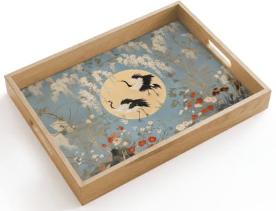 Dienblad hout 40x30 cm - Schootdienblad - Kraanvogels - Maan - Bloemen - Blauw - Borrelplank rechthoek - Plateau dienbladen