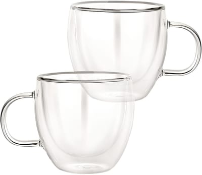 Cheffinger, Set 2 Glazen met dubbelwandige handgreep 250ml in borosilicaatglas, Transparant