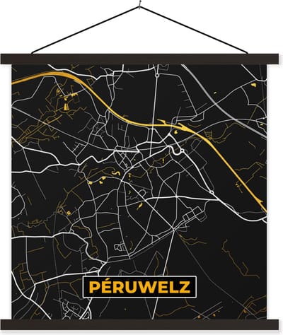 Posterhanger incl. Poster 60x60 cm - Schoolplaat - Péruwelz - Kaart - Plattegrond - Goud - Stadskaart - Textielposter - Zwarte latten - Stadskaart
