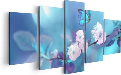 Artaza Canvas Schilderij Vijfluik Blauwe Vlinder Bij Een Roze Bloem  - 100x50 - Foto Op Canvas - Canvas Print