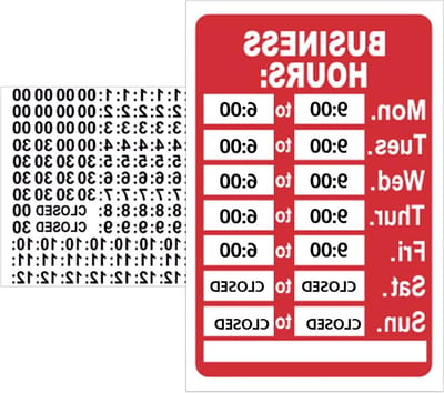 Waterdichte openingstijden sticker, verwisselbaar bord voor openingstijden, ideaal voor winkels en horeca, duidelijk zichtbaar, eenvoudig te bevestigen, perfect voor etalages