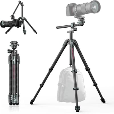 Lichtgewicht Carbon Fiber Statief 184CM voor Camera's met Uitschuifbare en Draaibare Kolom, 360° Panoramisch Balhoofd en Snelle Bevestigingsplaat voor DSLR Fotografie