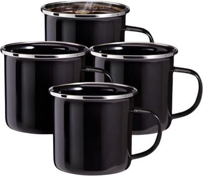 Redcliffs Drinkmokken - 4x stuks - zwart - 350 ml - emaille - kamperen/outdoor - mokken/bekers