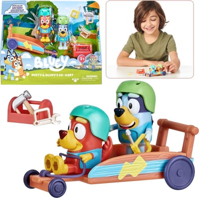 Bluey en Rusty Gokart figuur set, voertuig + figuren voor kinderen 3+