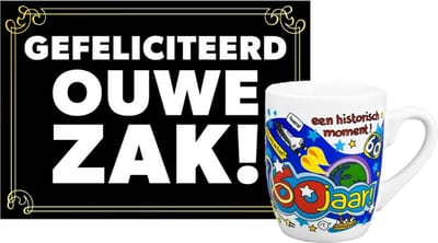 Grappige verjaardagsmok/beker 60 jaar man met grappige tekst 300 ml + wenskaart Gefeliciteerd ouwe zak