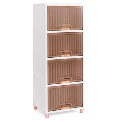 COSTWAY Opbergdoos, 150 l, set van 4 kunststof dozen, stapelbare voorraaddozen, opbergdozen met magnetische deuren en houten poten, 45 x 38 x 117 cm, wit