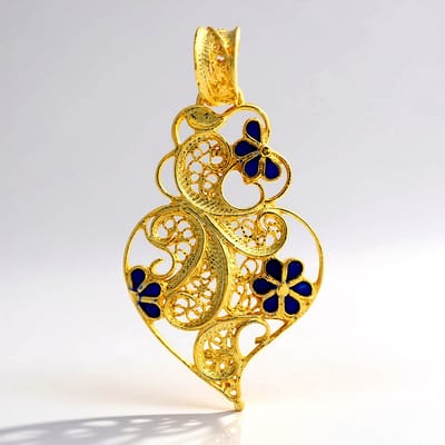 Cavill - Zilveren Hanger Verguld - 925 Sterling Zilver - Blauw Bloemmotiv Filigraan - 30x16 mm Elegante Sieraden voor Vrouwen