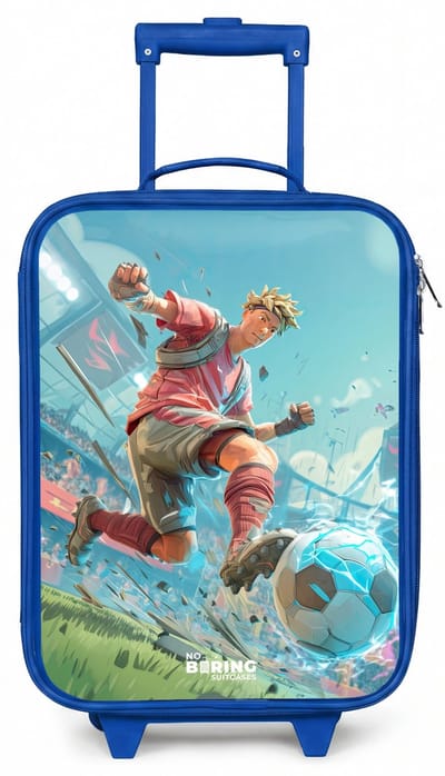 NoBoringSuitcases.com® - Kinderkoffer blauw - Kindertrolley jongen - Voetbal - Jongen - Stadion - Elektrisch - Koffer kind lichtgewicht - Reiskoffer trolley voor kinderen - Koffertje met lichtgevende wieltjes - Rolkoffer