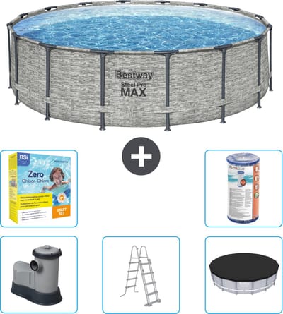 Bestway Rond Steel Pro MAX Zwembad - Steenprint - 488 x 122 cm - Inclusief Pomp - Ladder - Afdekzeil Onderhoudspakket - Filter