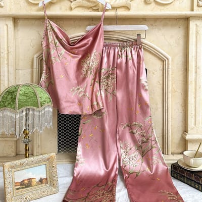 Sexy Pyjama Tweedelige Set Camisole Tops Broek Loungewear Vrouwen Pijamas Pak Zacht Print Bloem Bretels Nachtkleding Buiten S brown