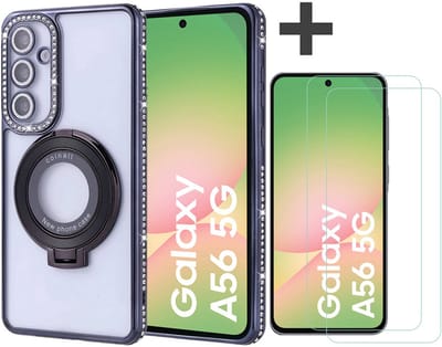 Hoesje met Ringhouder Geschikt voor Samsung Galaxy A56 met Diamant Glitters en 2 Stuks Gehard Glas Screenprotector – Arara Backcover - Zwart