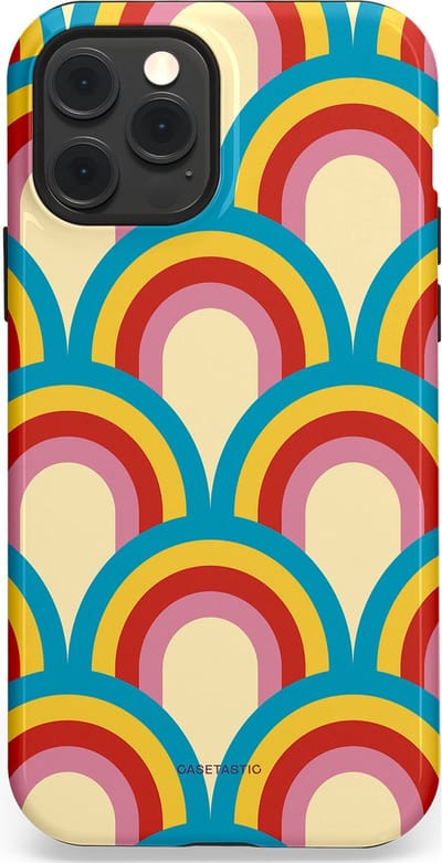 Casetastic hoesje geschikt voor Apple iPhone 12 / Apple iPhone 12 Pro - MagSafe - Dubbellaagse bescherming - Retro regenboog - Fashion Case - Lichtblauw Crème Goud Rood
