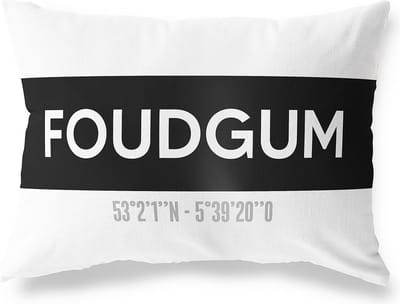 Tuinkussen FOUDGUM - FRIESLAND met coördinaten - Buitenkussen - Bootkussen - Weerbestendig - Jouw Plaats - Studio216 - Modern - Zwart-Wit - 50x30cm