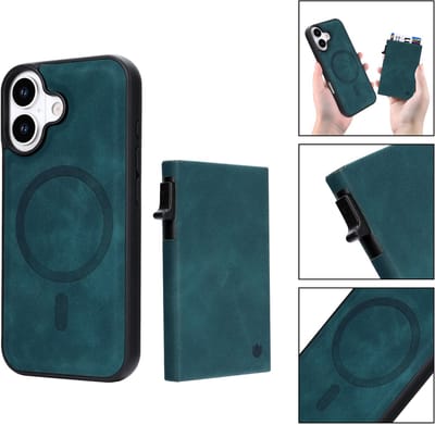 Casemania Hoesje Geschikt voor Apple iPhone 17 - Emerald Green - Magnetisch Back Cover met Uitschuifbaar Pasjeshouder - 2 in 1 Telefoonhoesje geschikt voor MagSafe met 6 Pasvakjes Creditkaarthouder - Groen