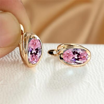Eenvoudige Mode Regenboog Ovale Steen Oorbellen Schattige Bruids Goudkleur Bruiloft Oorbellen Vrouwelijke Luxe Kristal Hoepel Oorbellen Voor Vrouwen roze