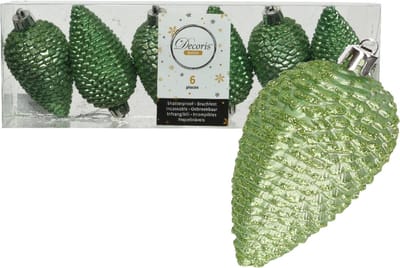 Decoris Kersthangers dennenappels - 6x st - groen - glitter - 8 cm - kunststof - kerstversiering