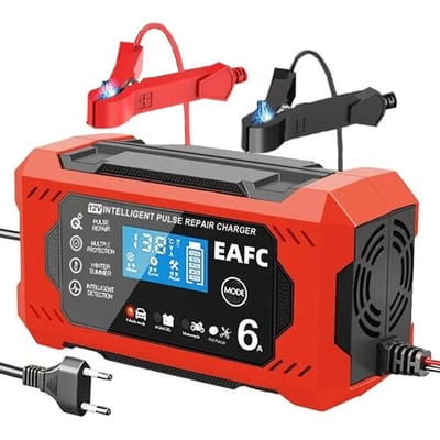 EAFC 12 V 6 A autobatterijlader, intelligent digitaal acculaadapparaat voor loodzuuraccu's met slimme reparatie voor auto, motorfiets en SVU