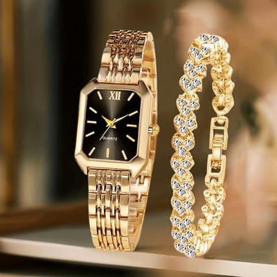 2 Stuks Mode Rechthoekig Dames Quartz Horloge Strass Armband Set Romeinse Wijzerplaat Dames Polshorloges Meisjes Klok Reloj Mujer black