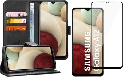 Hoesje geschikt voor Samsung Galaxy A12 - Screen Protector FullGuard - Book Case Kunstleer Pasjeshouder Zwart & Screenprotector