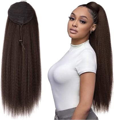 Lange Steile Donkerbruine Ponytail Clip-in Haarextensions voor Vrouwen - 80 cm Yaki Kinky Haarstuk, Synthetische Vlecht Haarverlenging